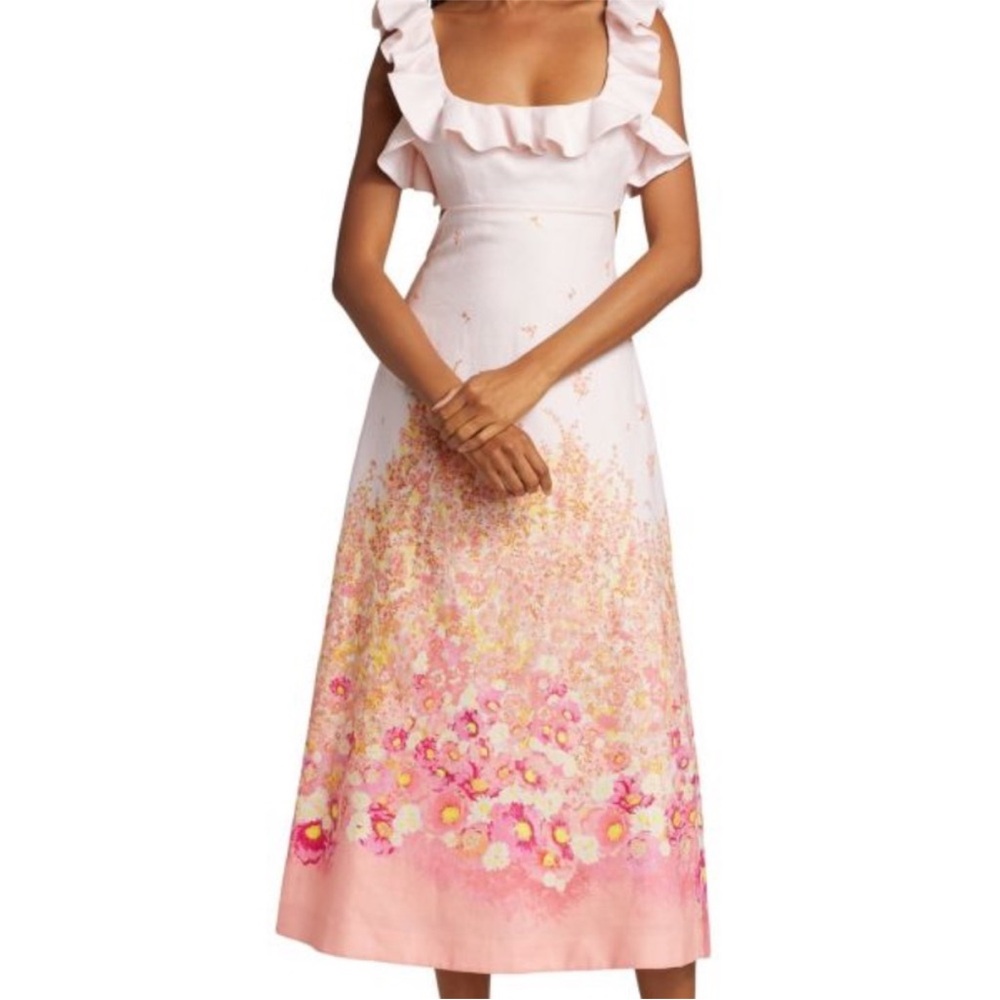 Zimmermann Ruffled Floral Midi Dress in Coral Meadow